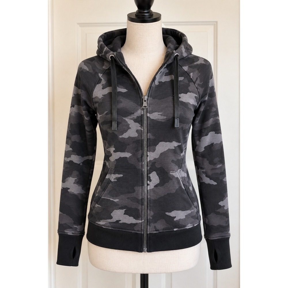 Athleta Womens Gray Camo Full Zip Fleece Hoodie Sweatshirt Thumbholes Size M
